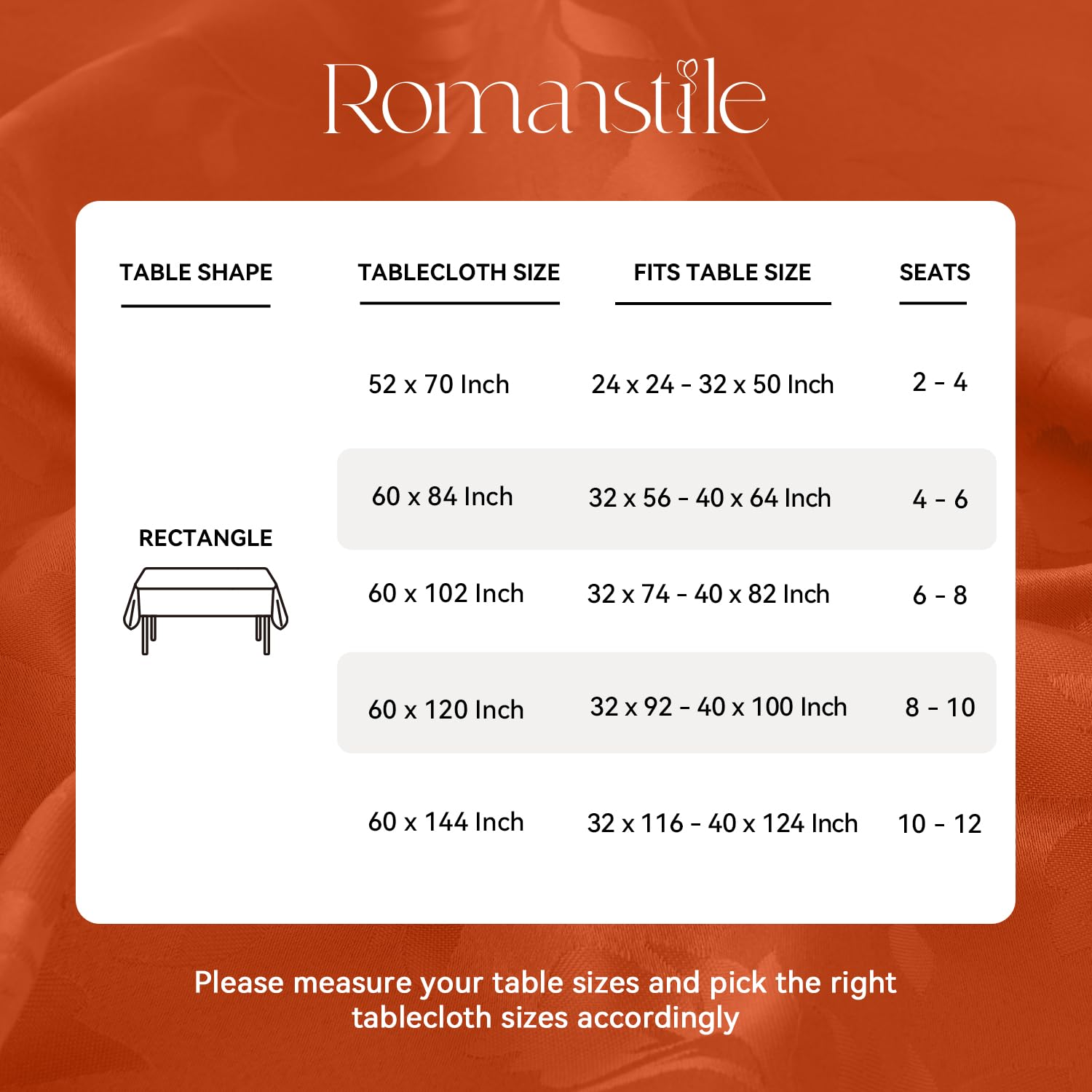 Romanstile tablecloth suitable for indoor or outdoor use in burnt orange shade.