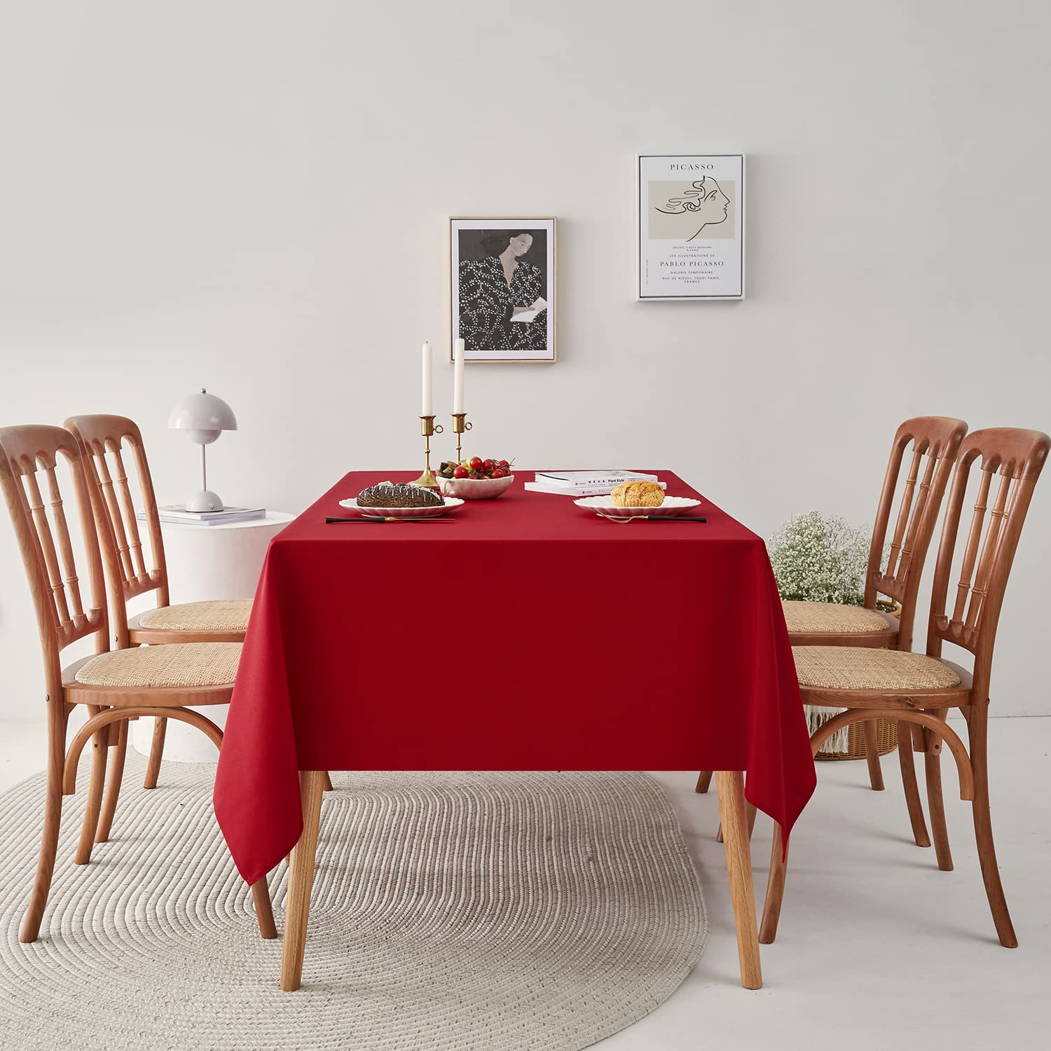 Romanstile red tablecloth suited for picnics and casual outdoor settings.