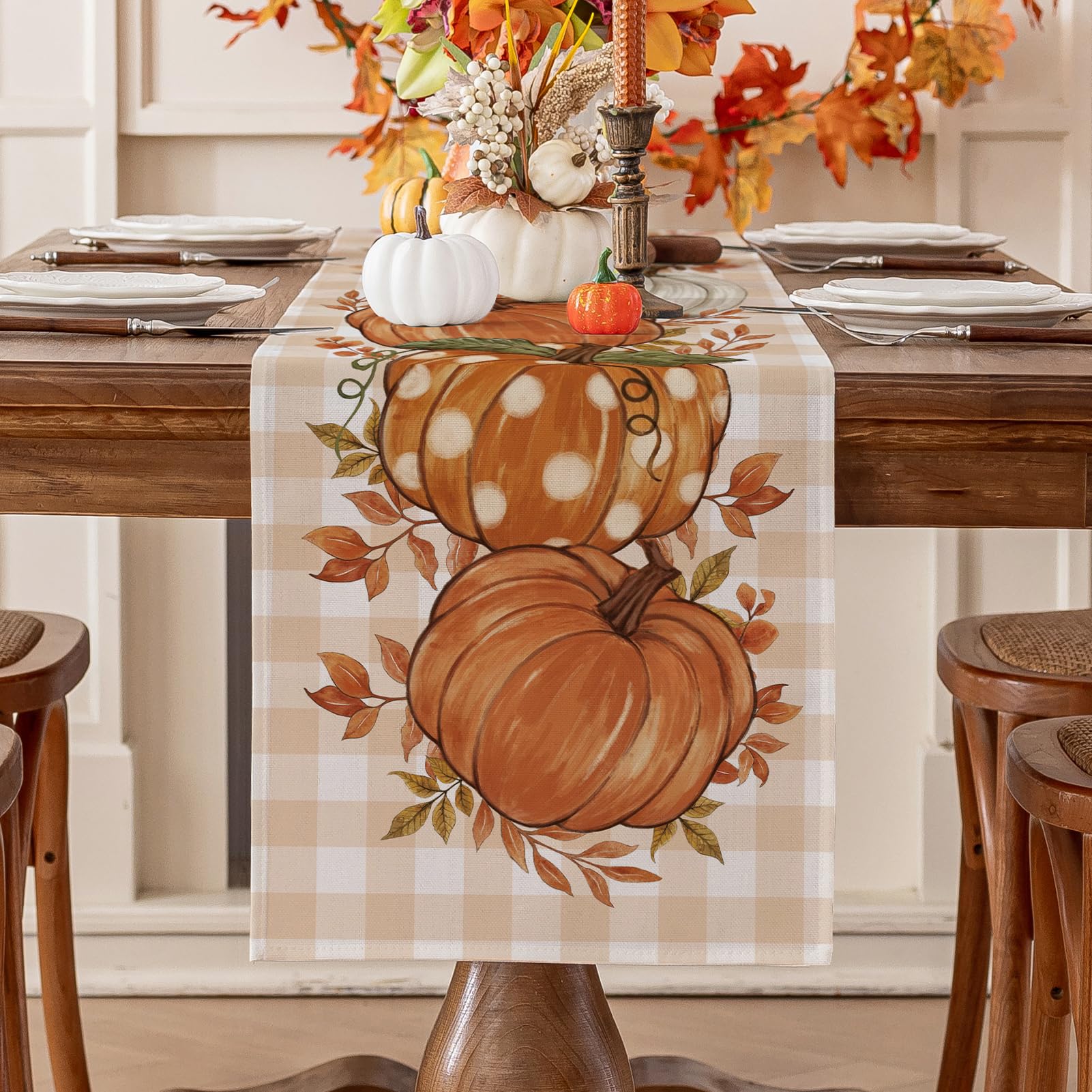 Romanstile pumpkin leaves table runner with buffalo plaid for warm fall gatherings