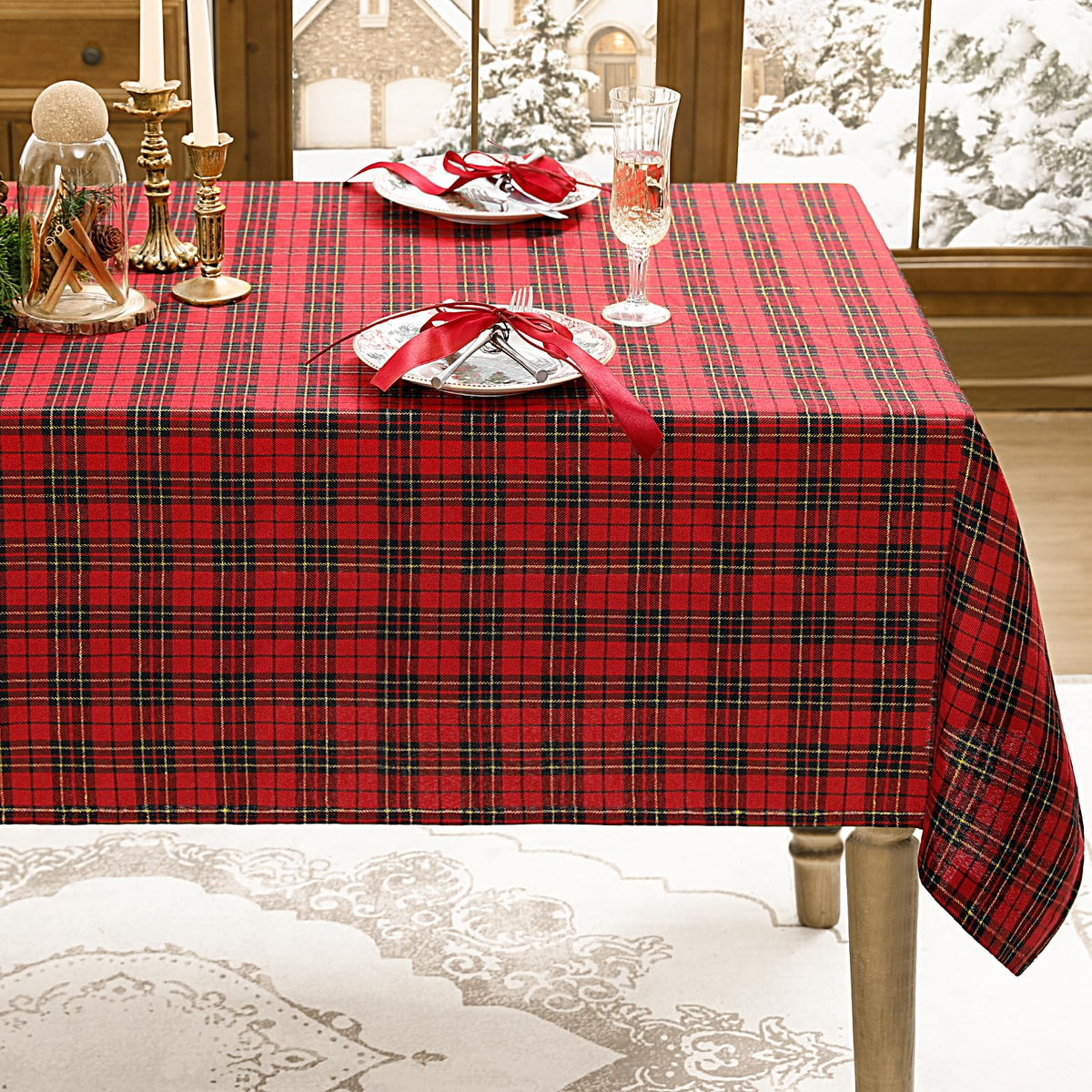 Romanstile red buffalo plaid tablecloth on 52x70 rectangle, ideal for holidays.