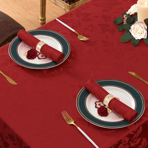 Romanstile red jacquard fabric offers easy care and stain resistance.
