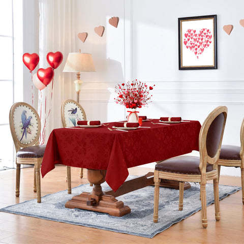 Romanstile Valentine tablecloth with waterproof finish protects surfaces during meals.