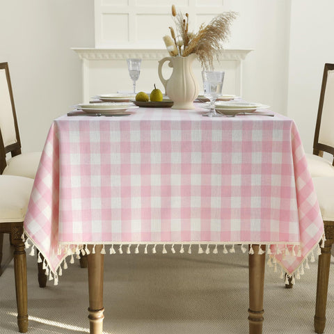 Romanstile Valentines pink gingham tablecloth close-up for festive dining.