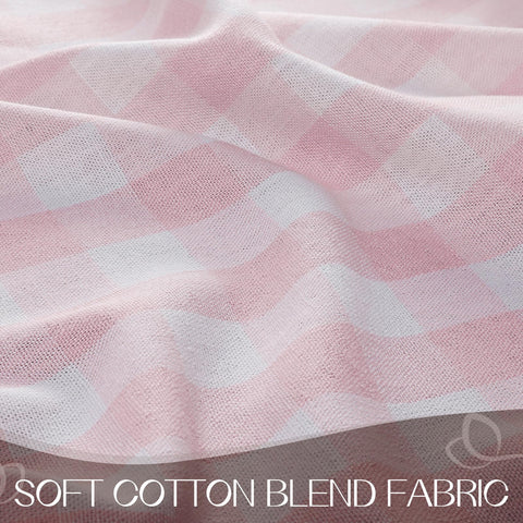 Romanstile Valentines pink gingham tablecloth provides generous drape for tables.