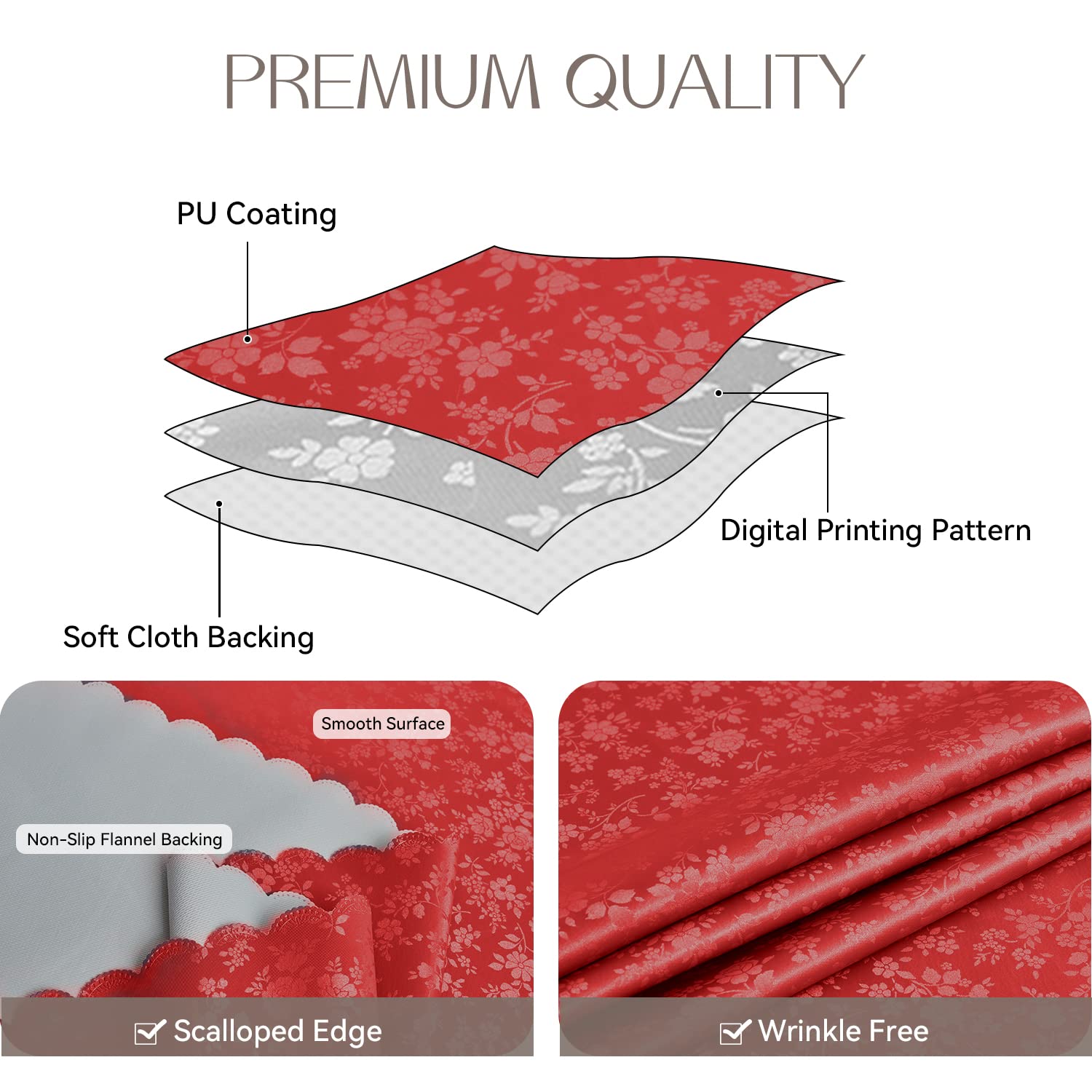 Romanstile rose red tablecloth edge detail shows scalloped border and damask pattern.