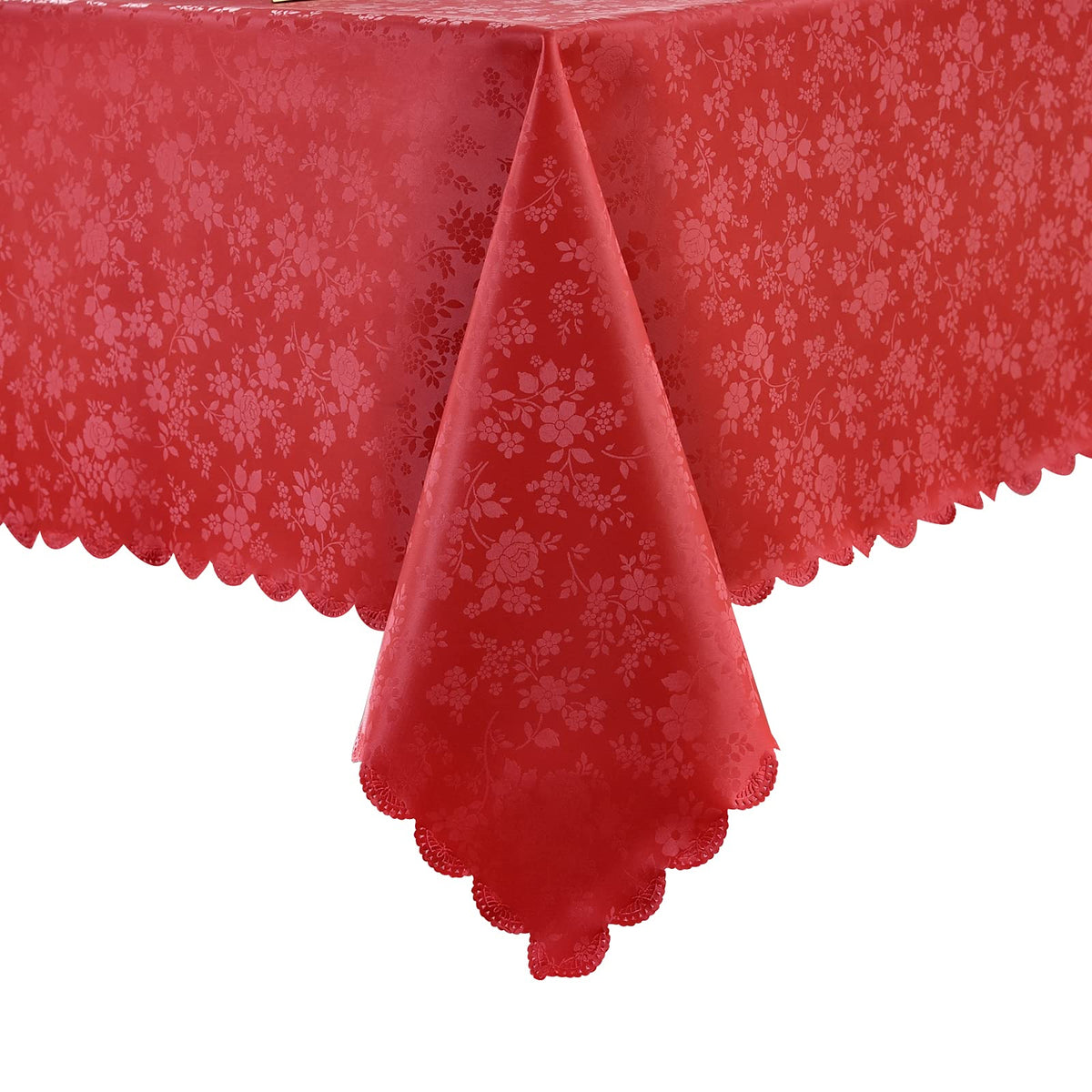 Romanstile vinyl tablecloth in rose red top view, waterproof and wipeable for outdoor dining.