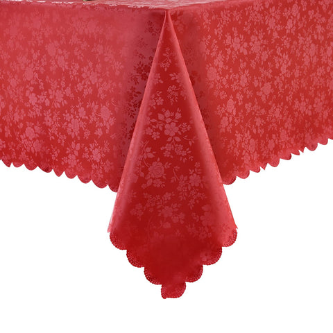 Romanstile vinyl tablecloth in rose red top view, waterproof and wipeable for outdoor dining.