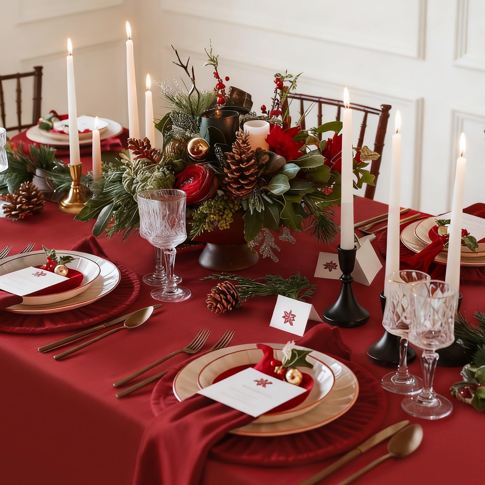 Romanstile red tablecloth with wrinkle-resistant fabric stays crisp during service.
