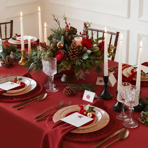 Romanstile red tablecloth with wrinkle-resistant fabric stays crisp during service.