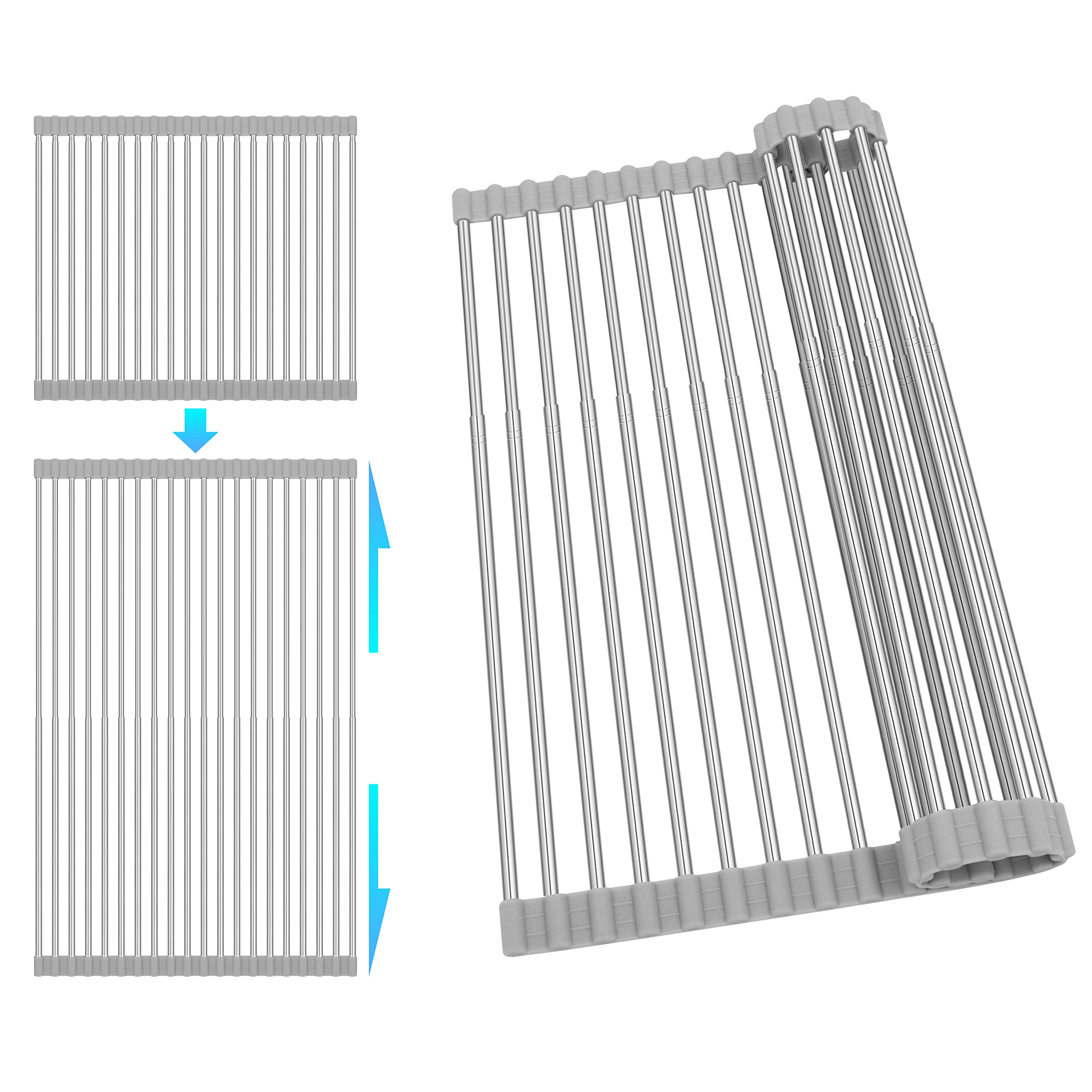 Romise Roll Up Drying Rack extended on sink for large pots and pans.