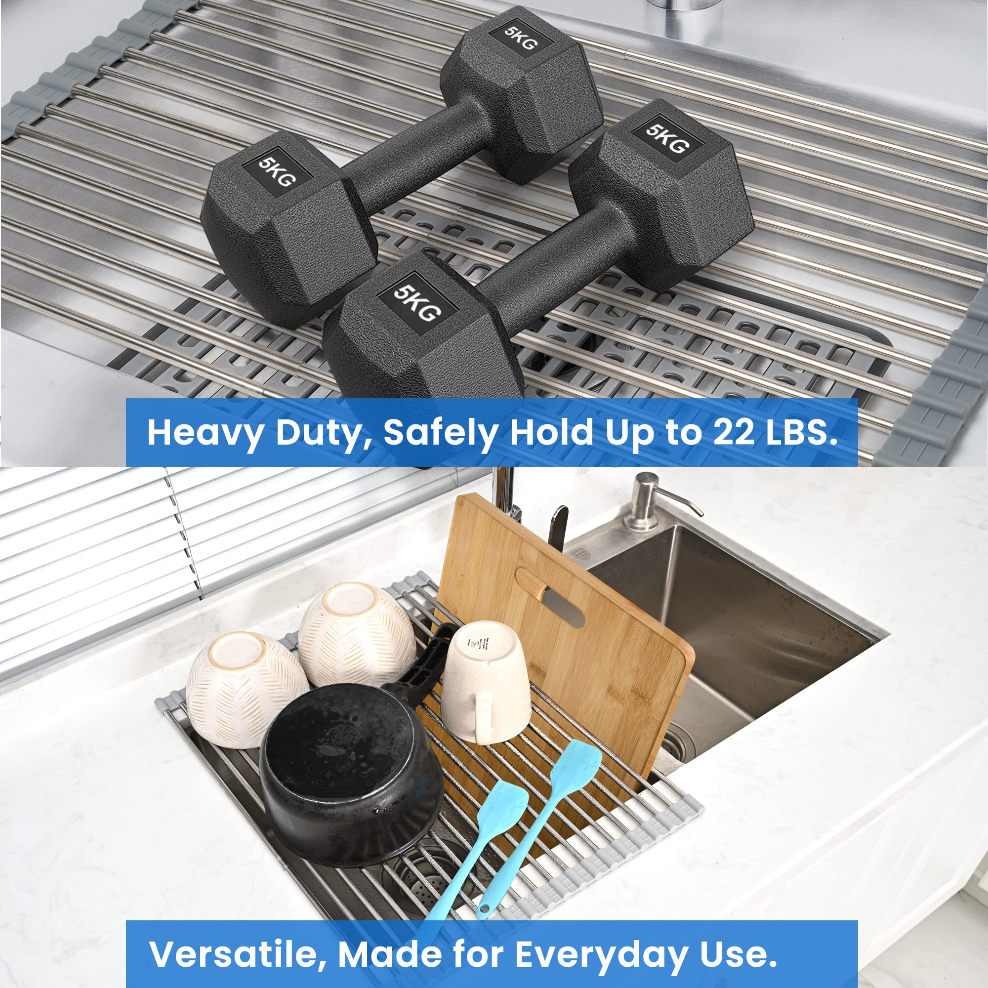 Romise Roll Up Drying Rack folds neatly for space-saving kitchen organization.