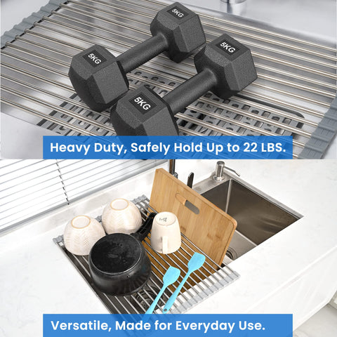 Romise Roll Up Drying Rack folds neatly for space-saving kitchen organization.