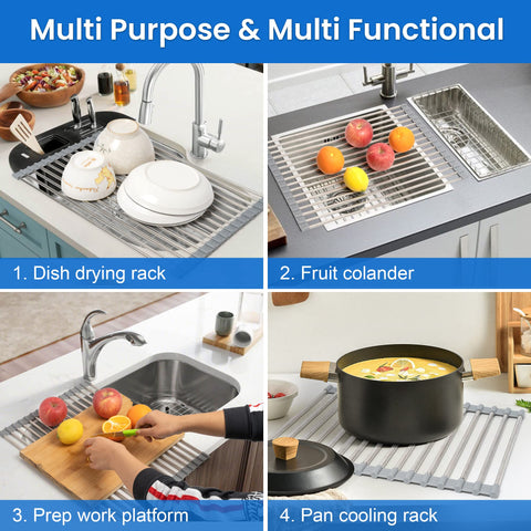 Romise Roll Up Drying Rack over sink setup frees counter space.