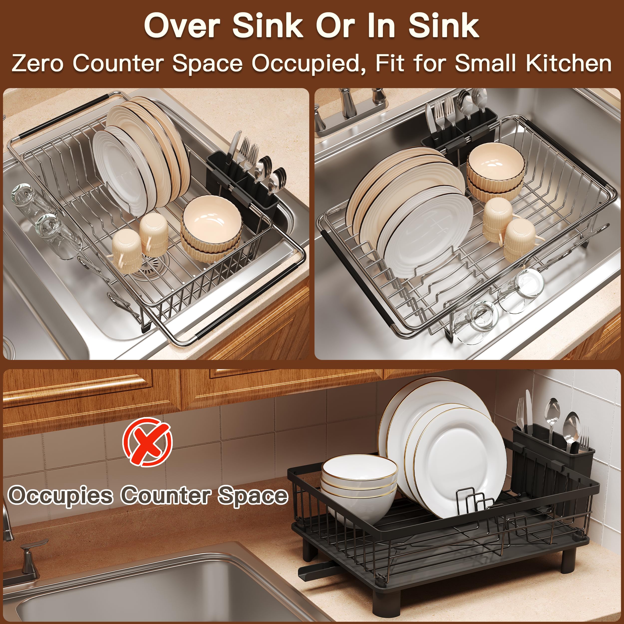 romision over-sink drainer installed above the sink for a clutter-free countertop.
