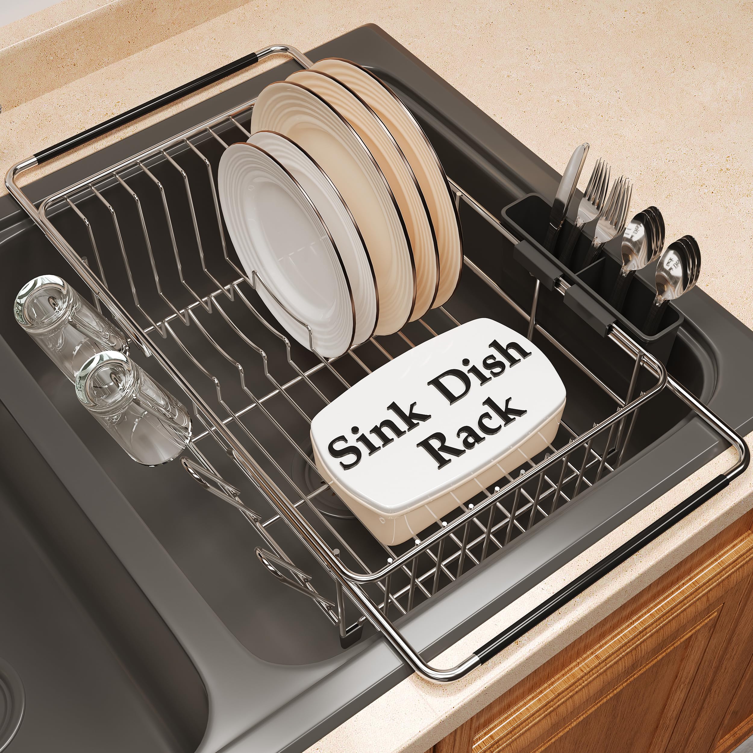 romision over-sink expandable dish drainer in stainless steel saves counter space and keeps dishes accessible.