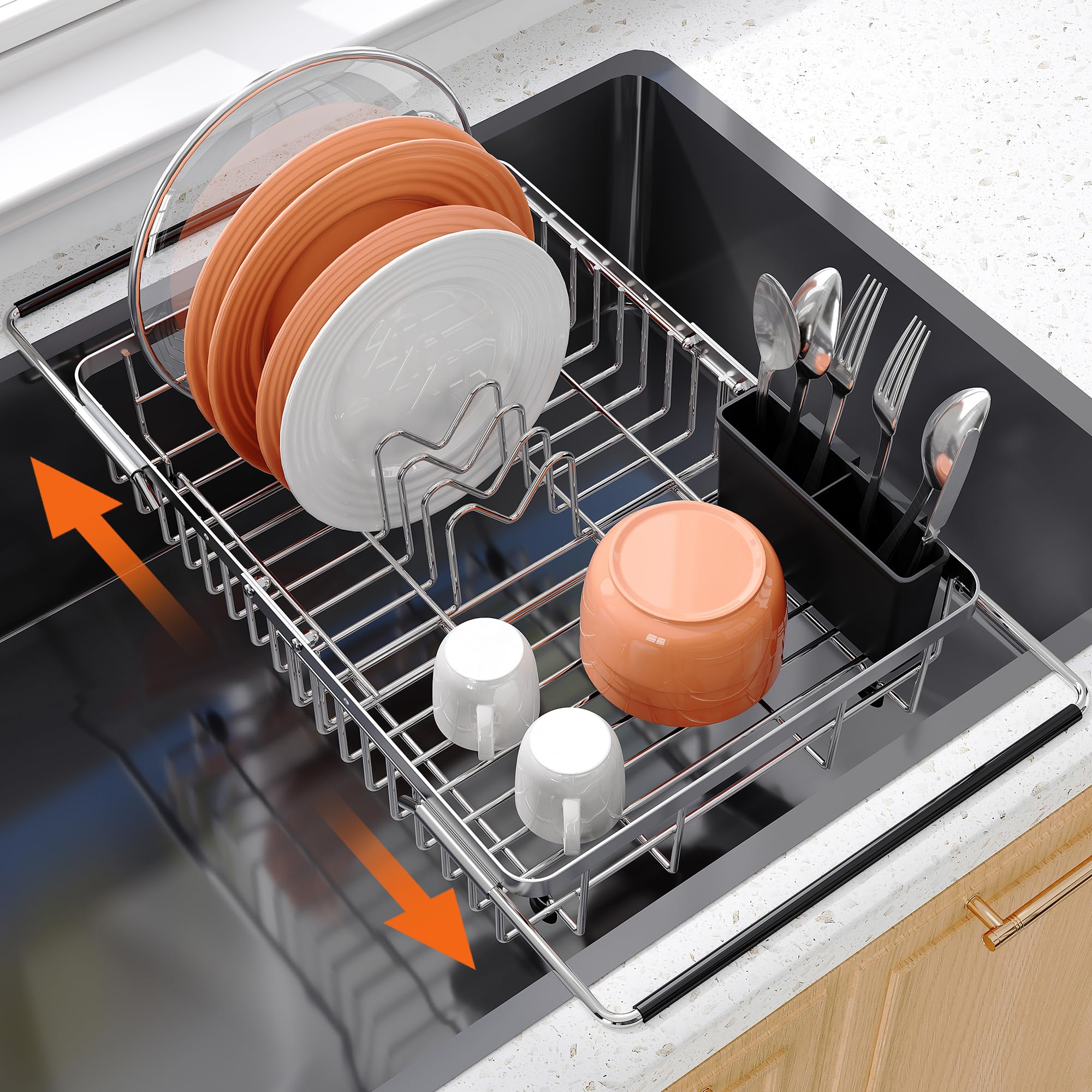 Romision small expandable over-sink drainer on countertop for space savings