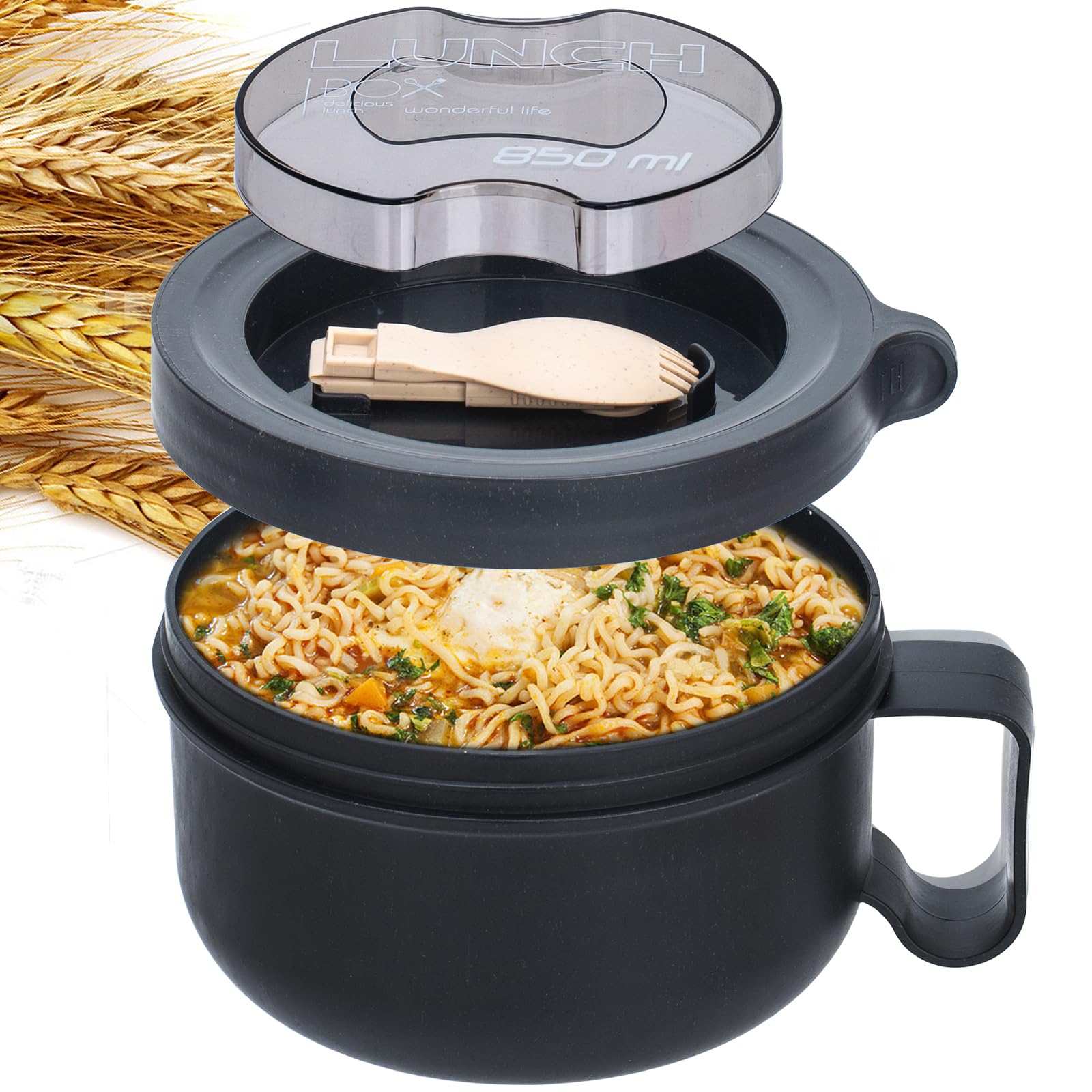 Ronanemon ramen bowl with collapsible fork, space-saving design for on-the-go dining