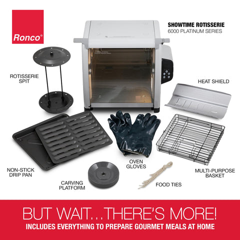 Ronco 6000 Platinum Oven cleaning accessories and drip tray for easy maintenance.