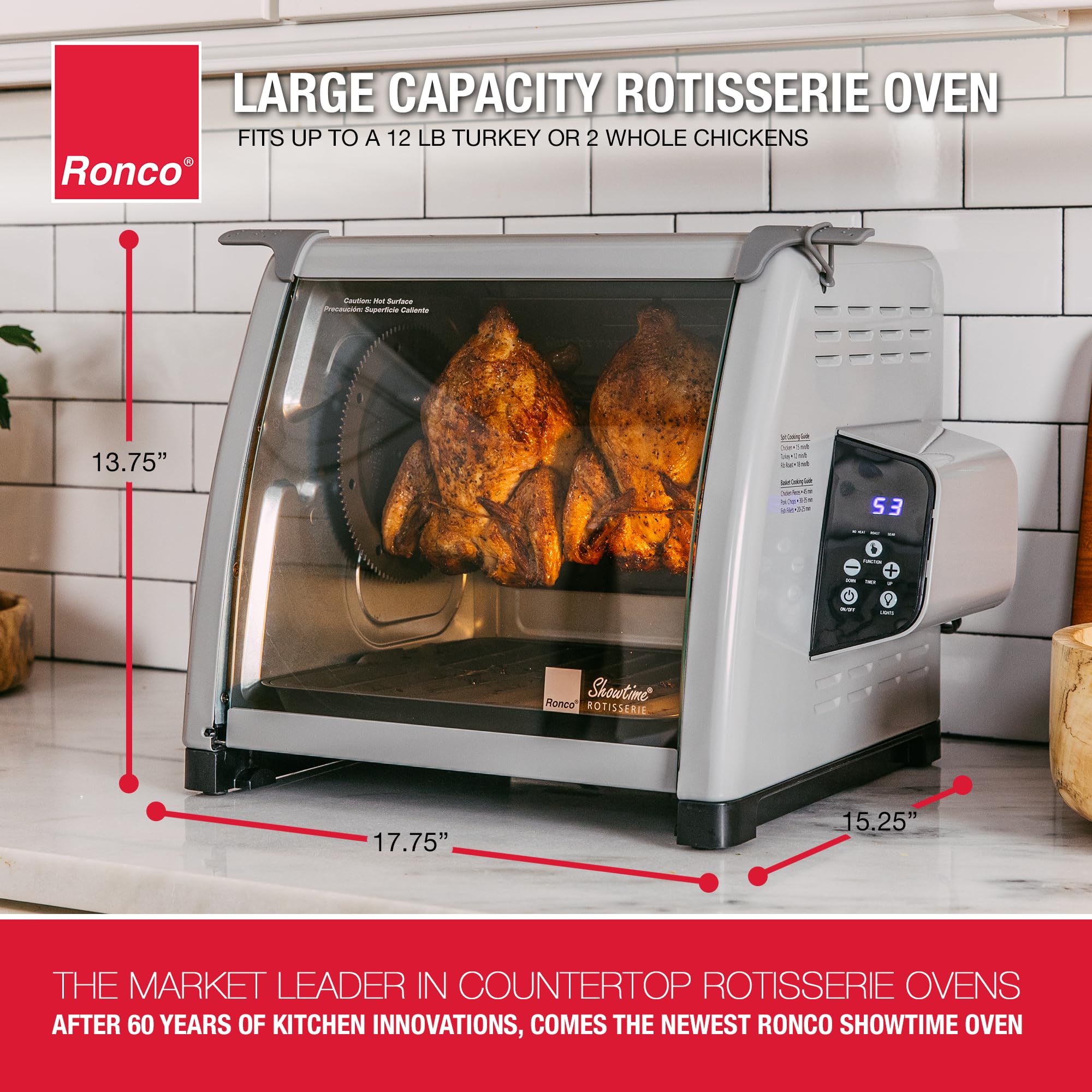 Ronco 6000 Platinum Oven interior with rotisserie spit for juicy, evenly roasted meals.