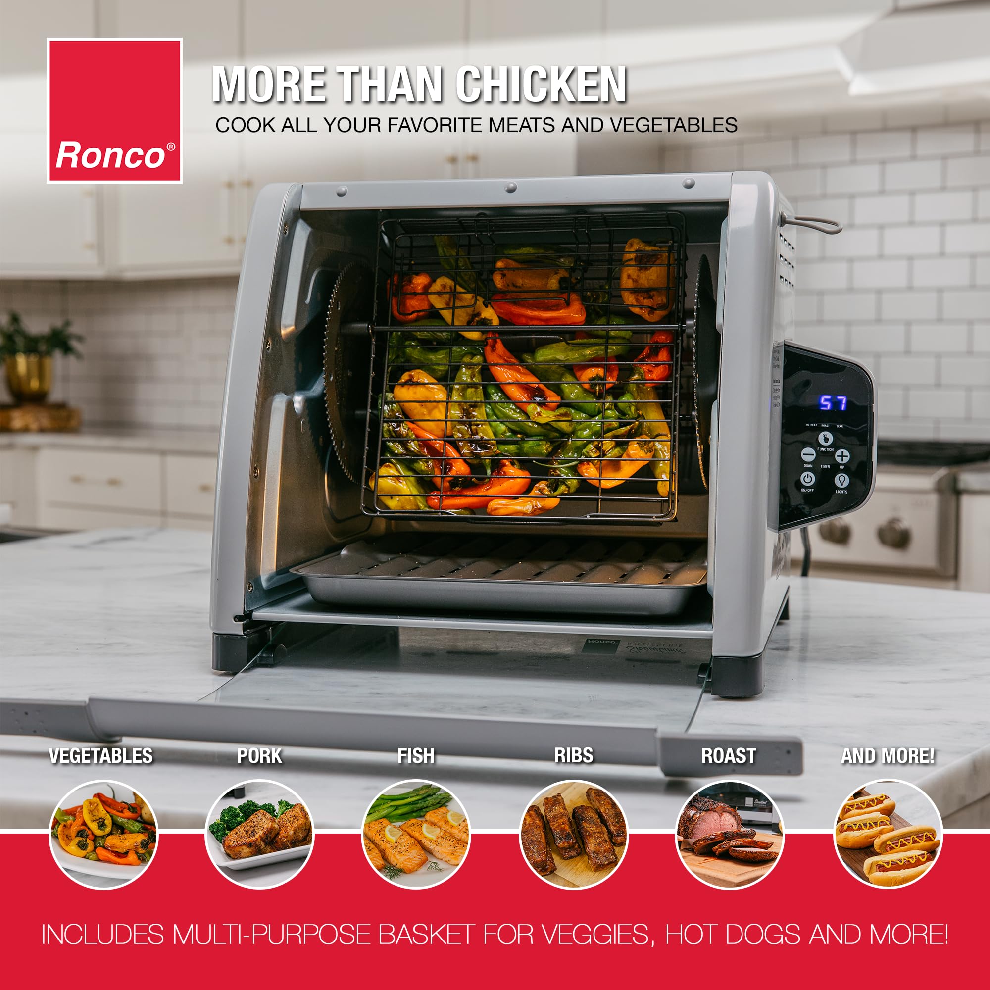 Ronco 6000 Platinum Oven rotisserie spit in action for thorough roasting.