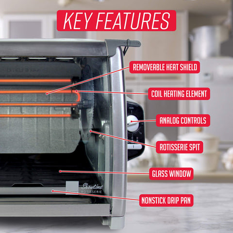 Simple control dial on Ronco Modern Rotisserie Oven for roasting, searing, warming