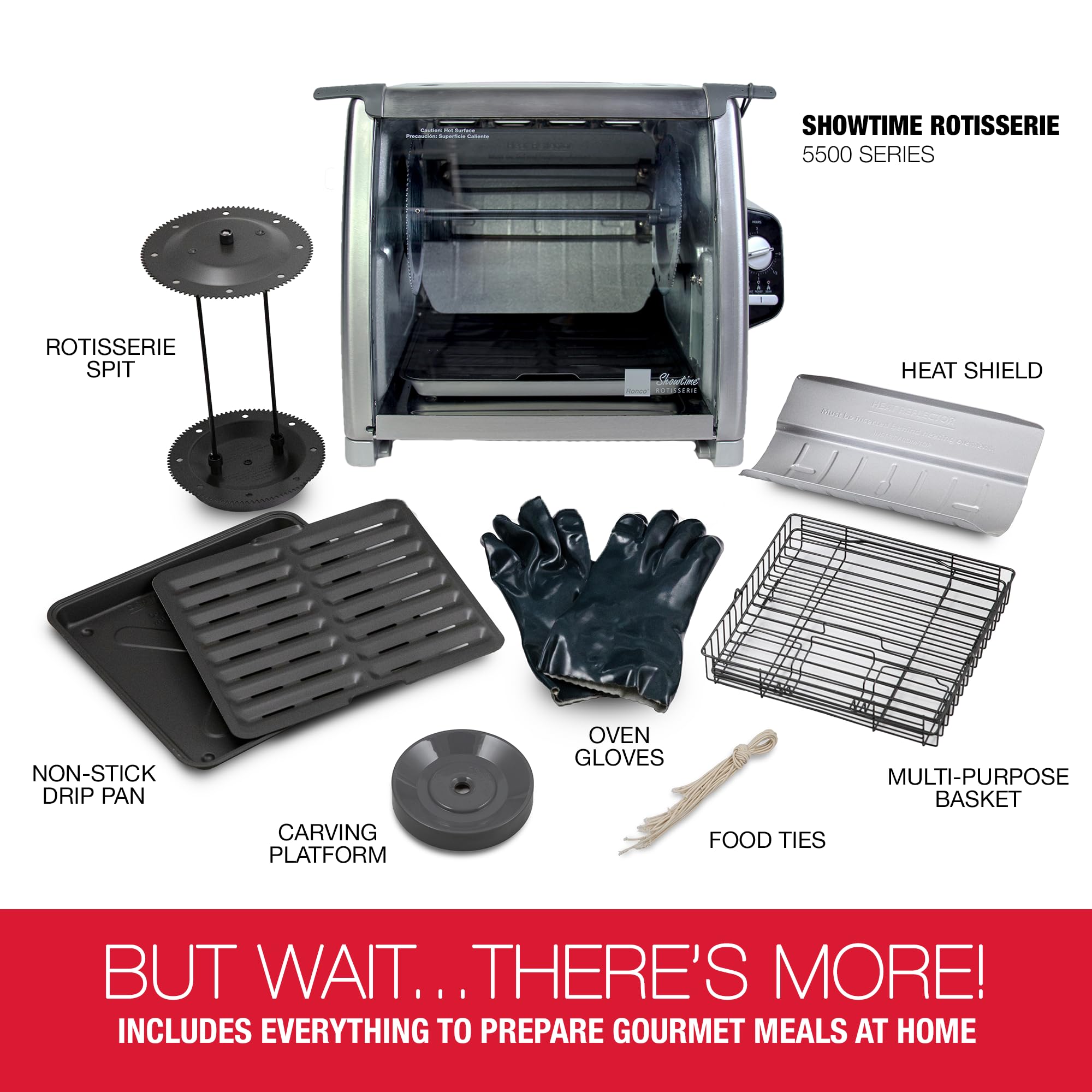 Includes silicone door tie and accessories with Ronco Modern Rotisserie Oven