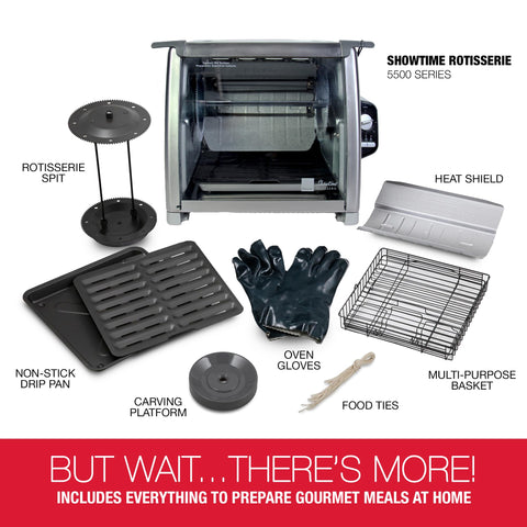 Includes silicone door tie and accessories with Ronco Modern Rotisserie Oven