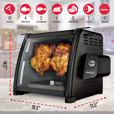Ronco Modern Rotisserie Oven rotisserie spit visible for self-basting flavor.