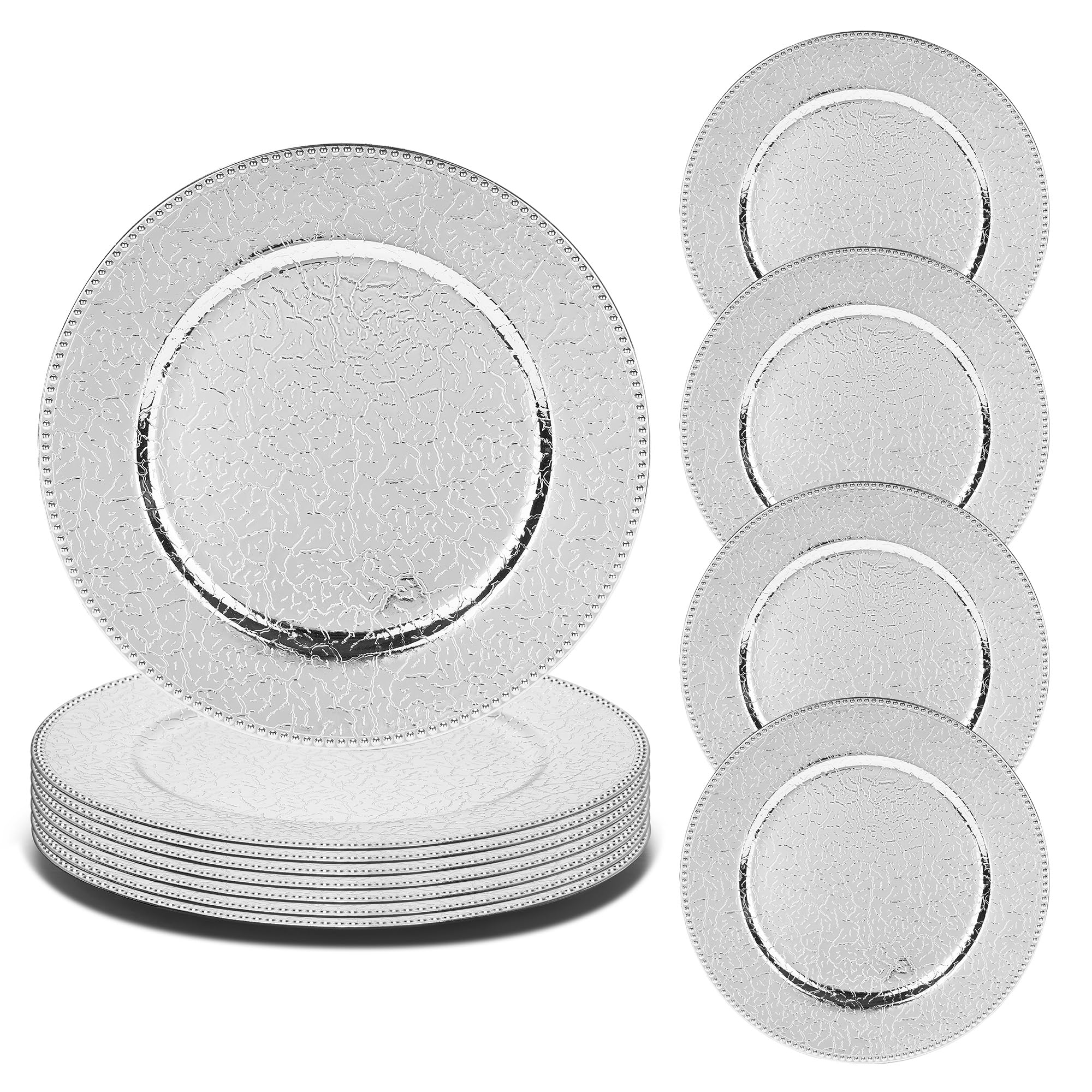Roncooker 12-piece silver charger plates with beaded edge for elegant table settings.