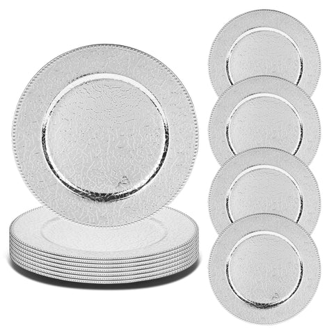 Roncooker 12-piece silver charger plates with beaded edge for elegant table settings.