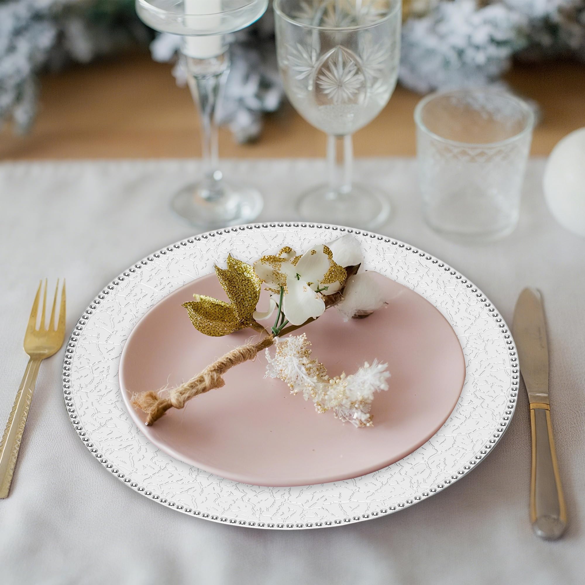 Roncooker 13-inch charger plates closeup shows beaded edge for sophistication.