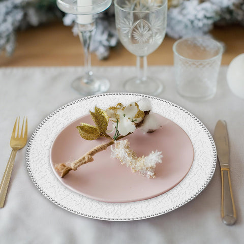 Roncooker 13-inch charger plates closeup shows beaded edge for sophistication.