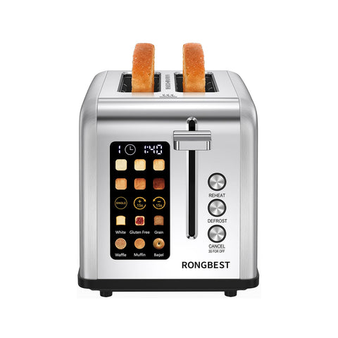 RONGBEST 2-slice toaster front view with stainless steel finish and even browning potential.