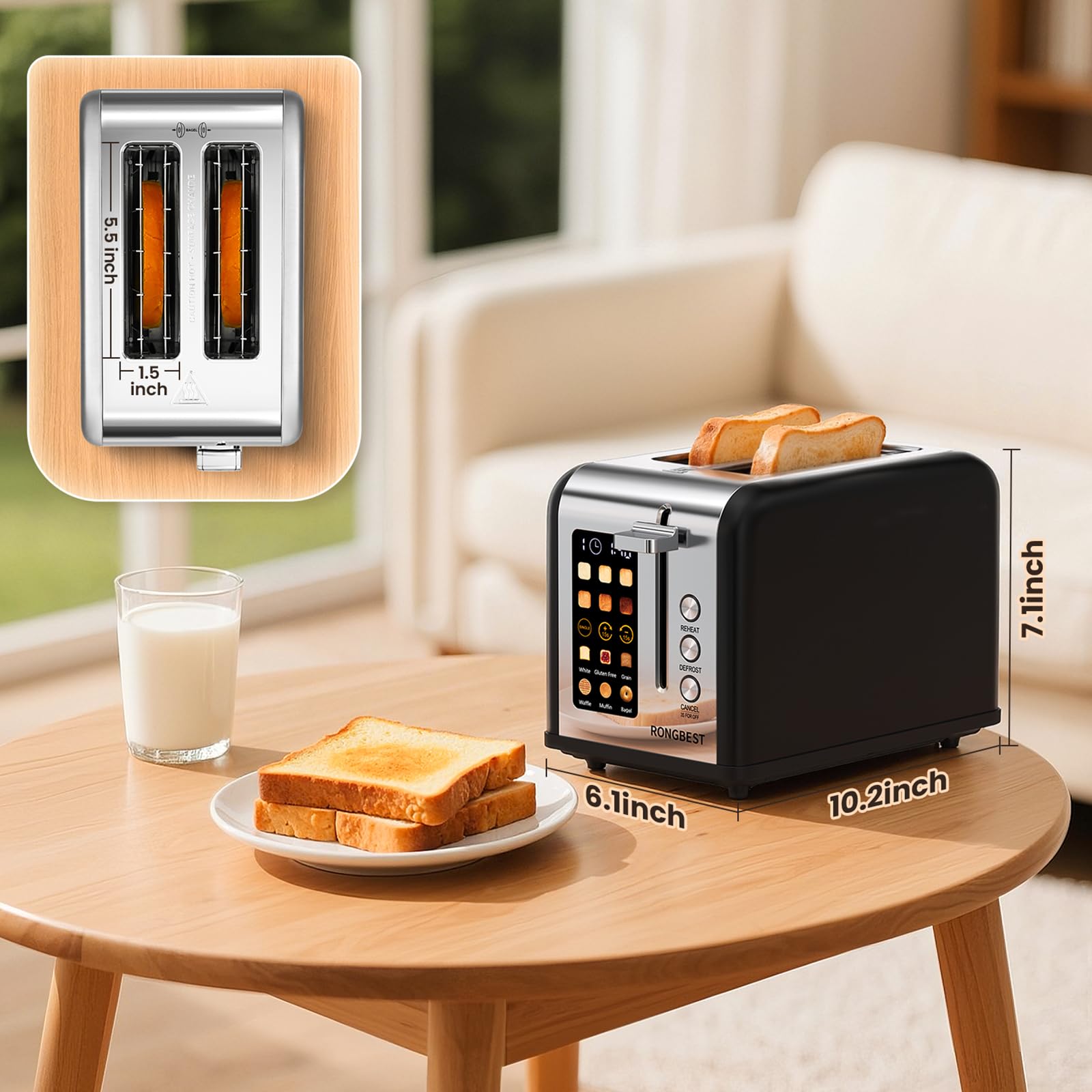 RONGBEST kitchen scene with compact countertop toaster in use