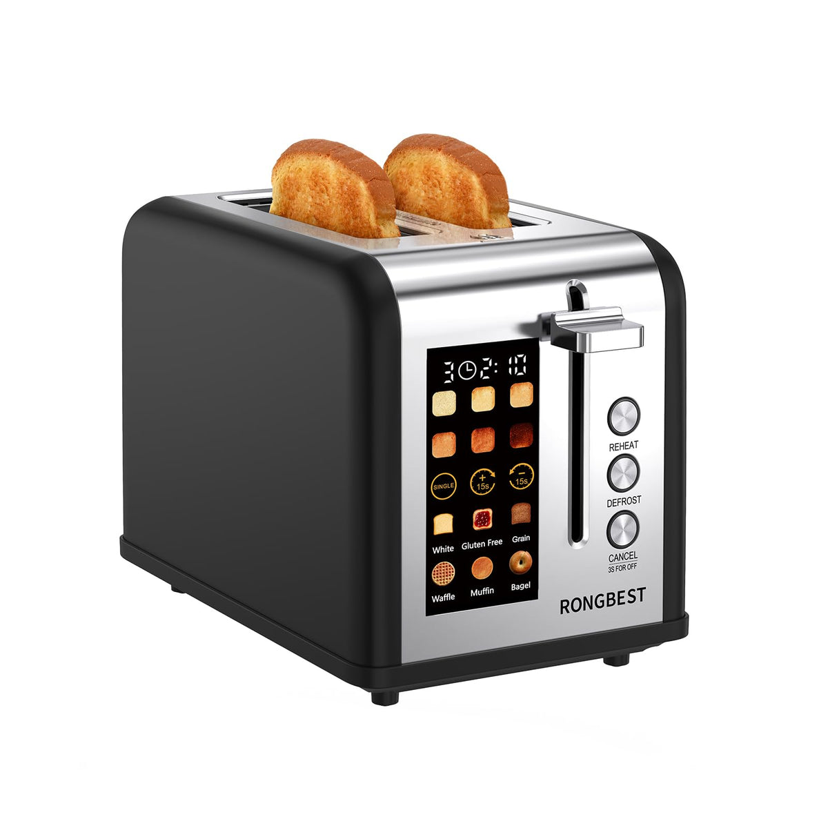 RONGBEST matte black front view toaster highlighting modern design
