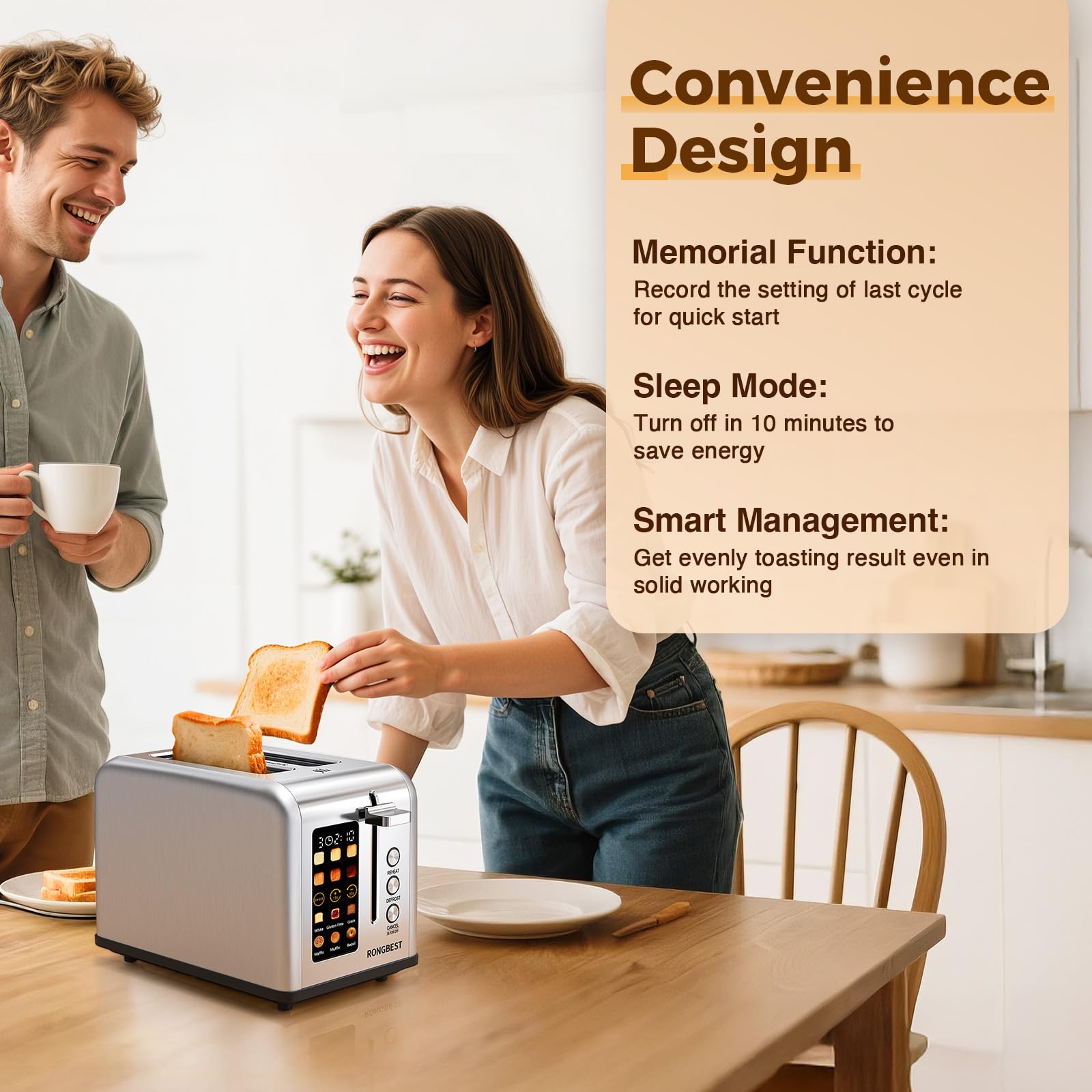 RONGBEST reheat function revives cooled toast with quick, even warmth.