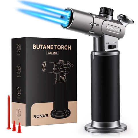RONXS torch lighter with double flame for quick searing and caramelizing.
