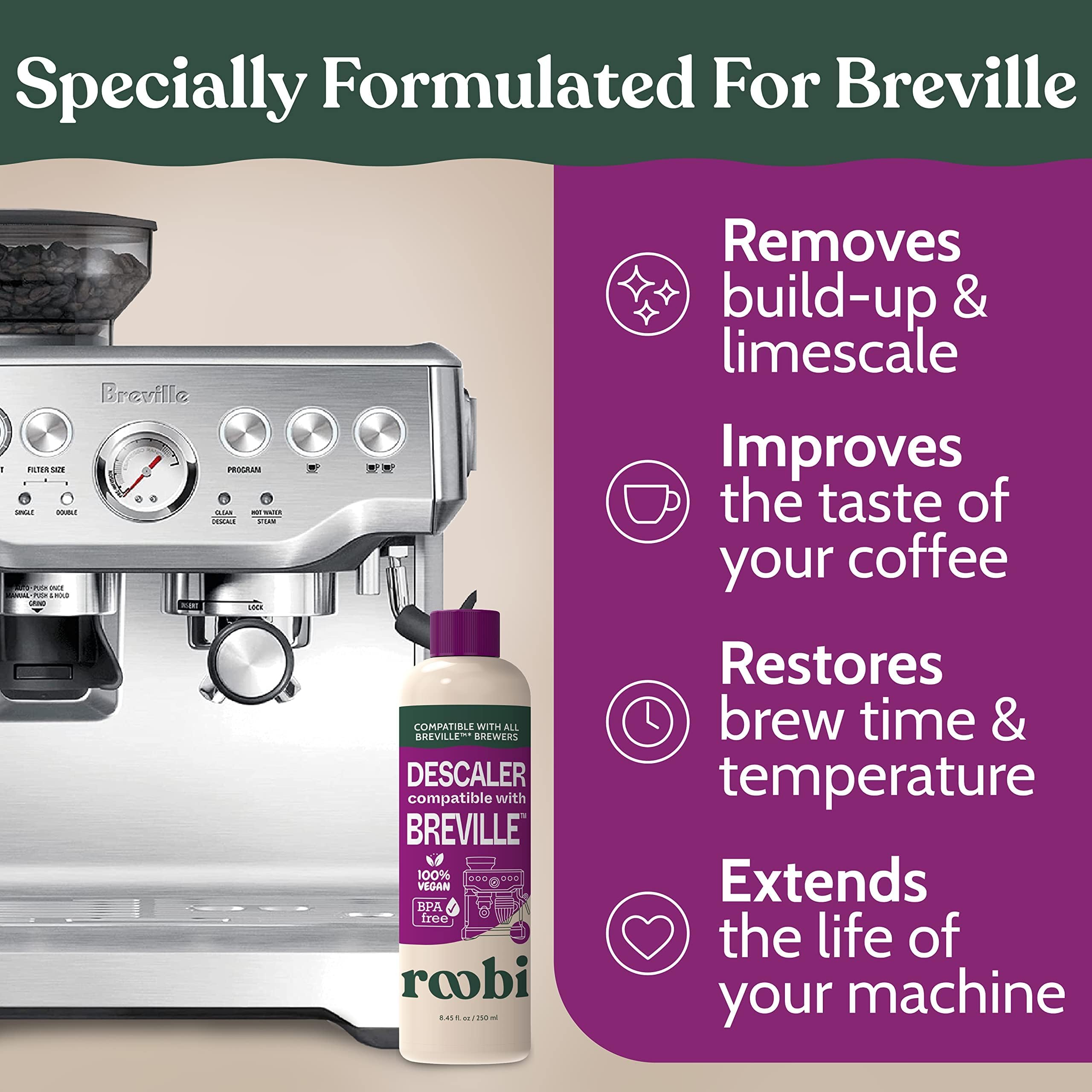 Roobi Breville descaler 2-pack packaging highlights eco-friendly kit.