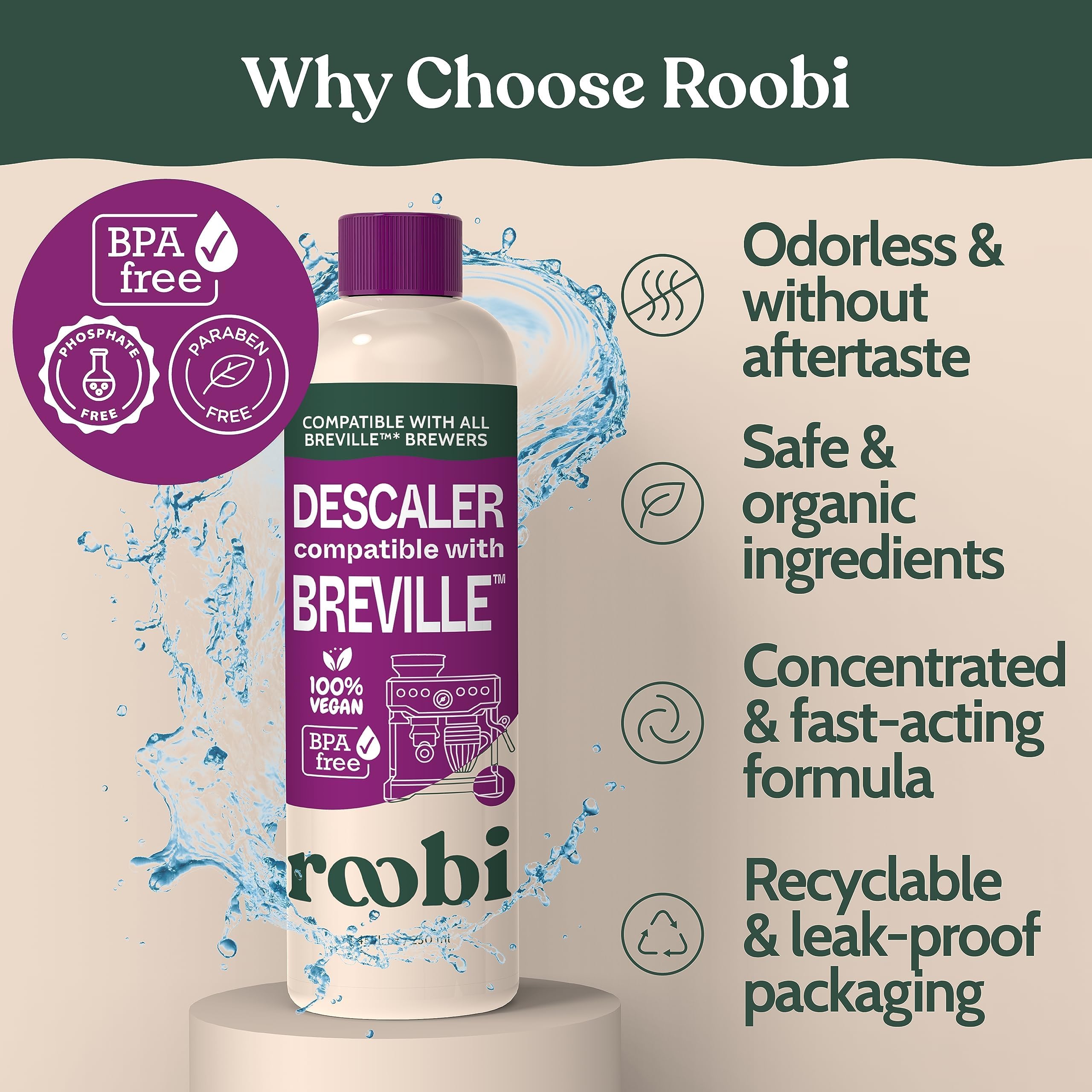 Roobi Breville descaler ingredient close-up shows eco-friendly formula.