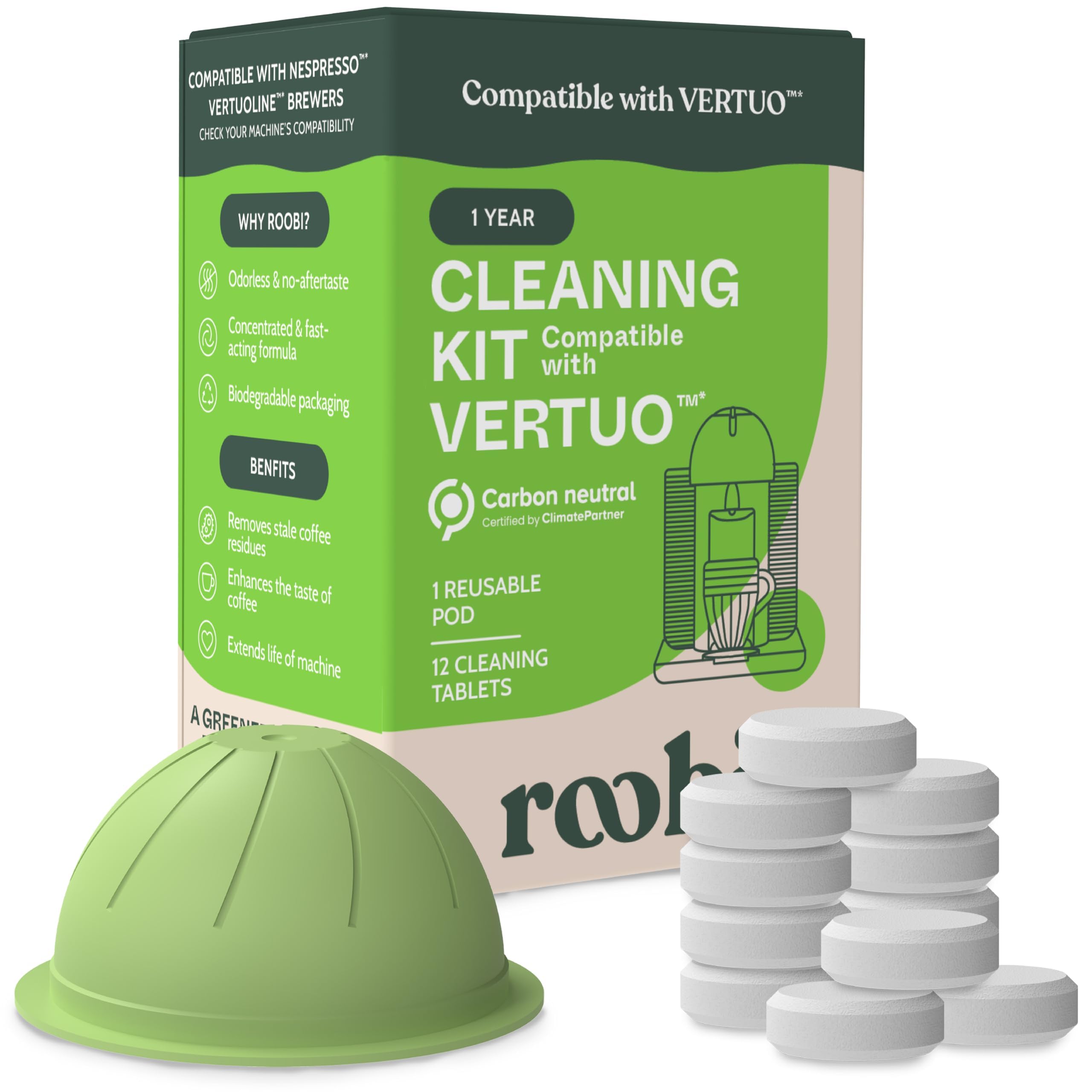 Roobi Vertuoline reusable pod demonstrates eco-friendly cleaning for VertuoLine machines.