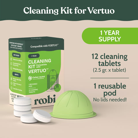 Roobi cleaning tablets 12-pack shown for routine VertuoLine maintenance and flavor clarity.