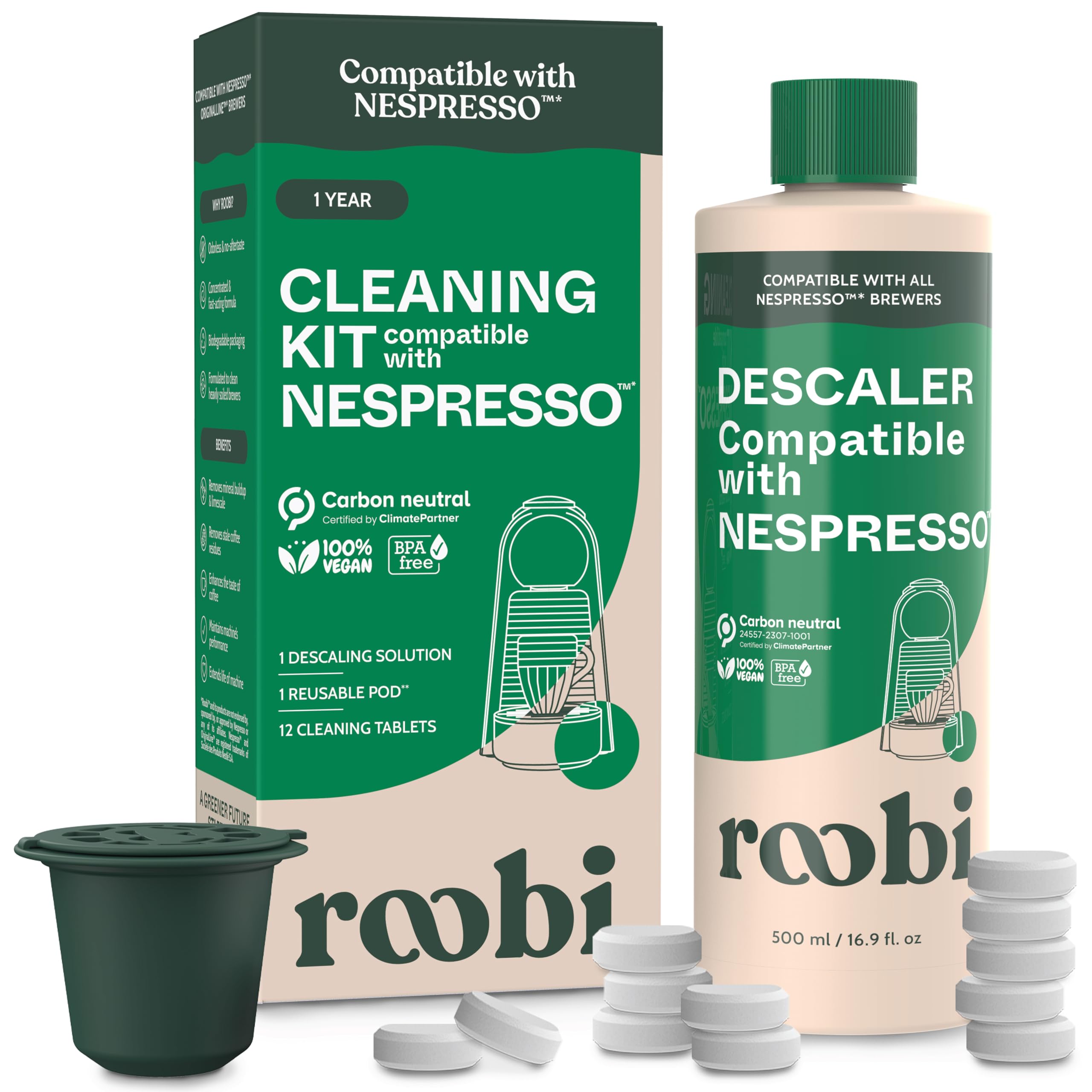 Roobi descaling bottle shown for Originaline machines, safe cleaning benefit