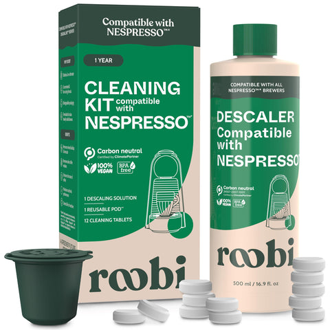 Roobi descaling bottle shown for Originaline machines, safe cleaning benefit