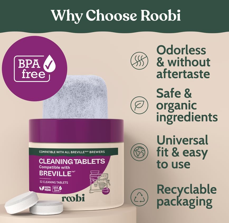 Roobi eco-friendly kit highlights non-toxic tablets and filters for responsible cleaning.
