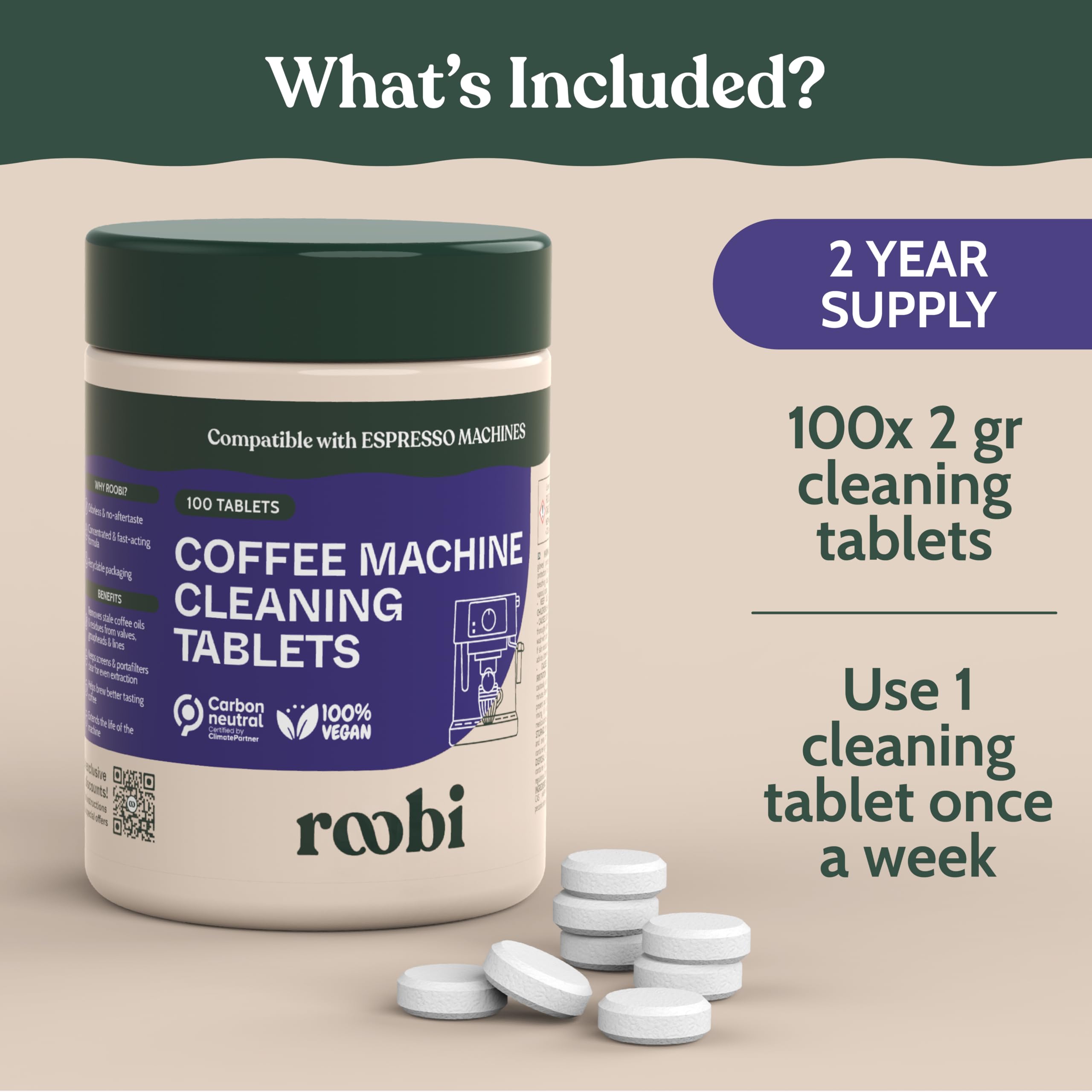 Inside view of Roobi pack with 100 tablets for routine maintenance.
