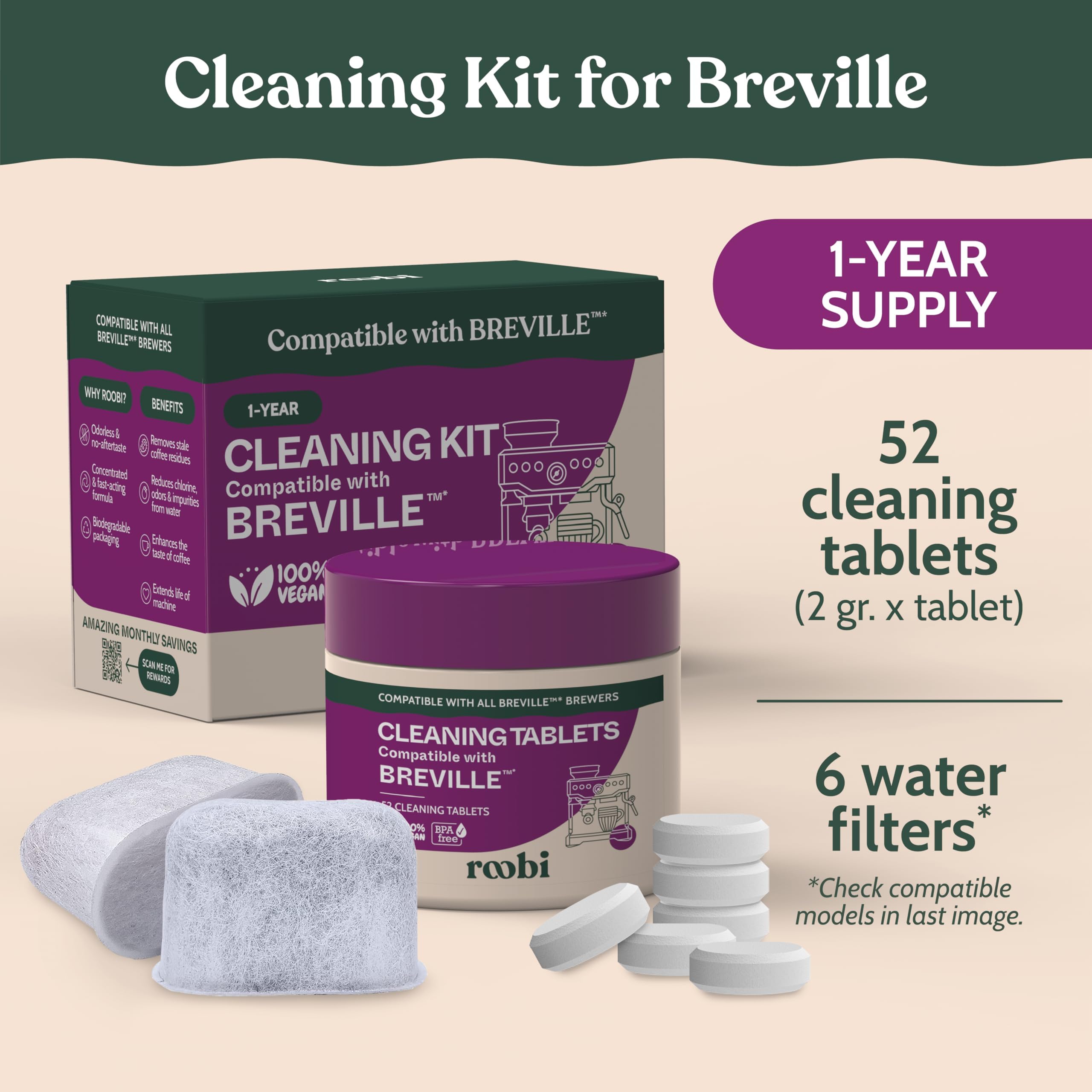 Roobi Breville-compatible cleaning kit shown in use for routine maintenance.