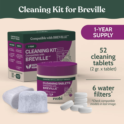 Roobi Breville-compatible cleaning kit shown in use for routine maintenance.