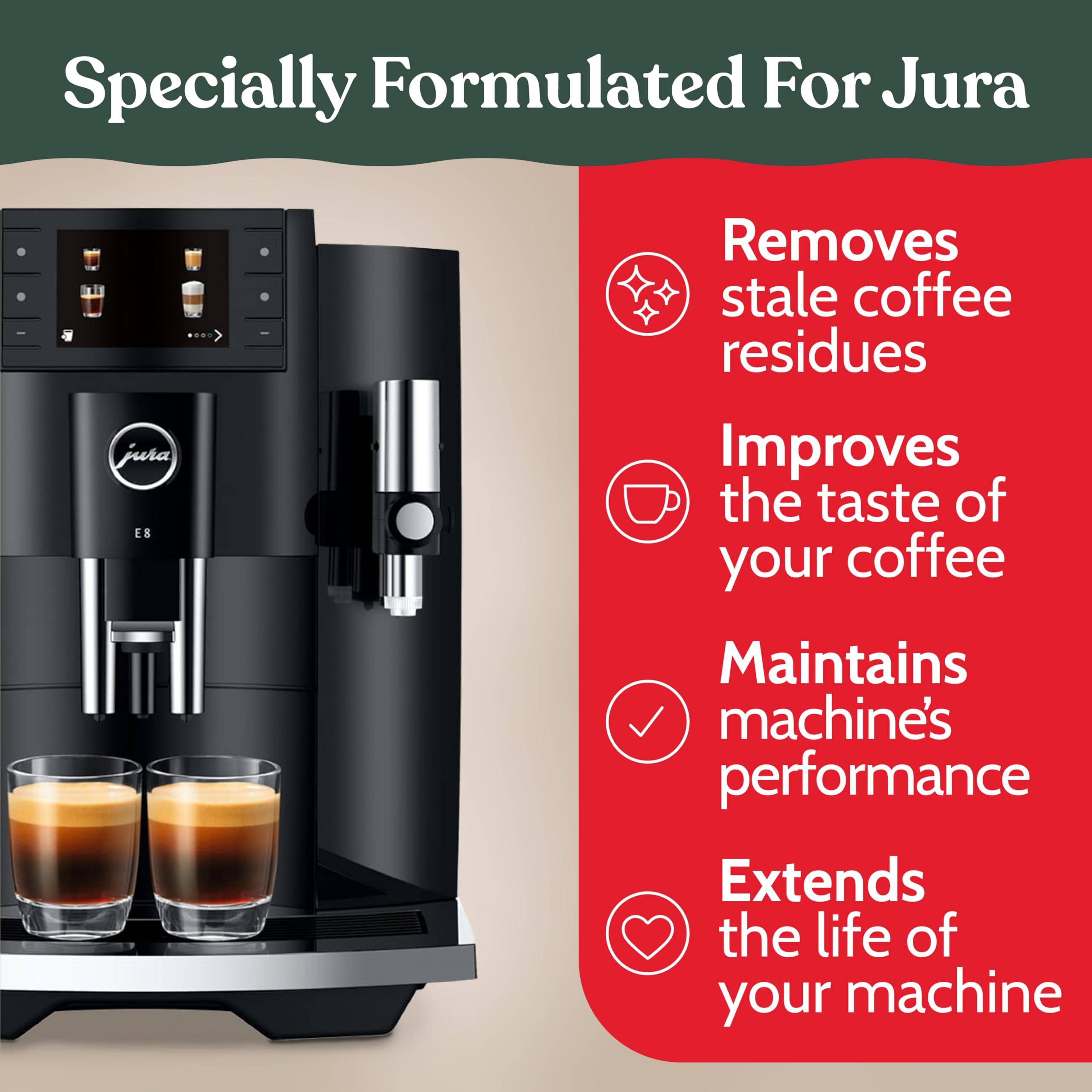 Roobi Jura cleaning tablets jar closeup for quick, effective machine cleaning