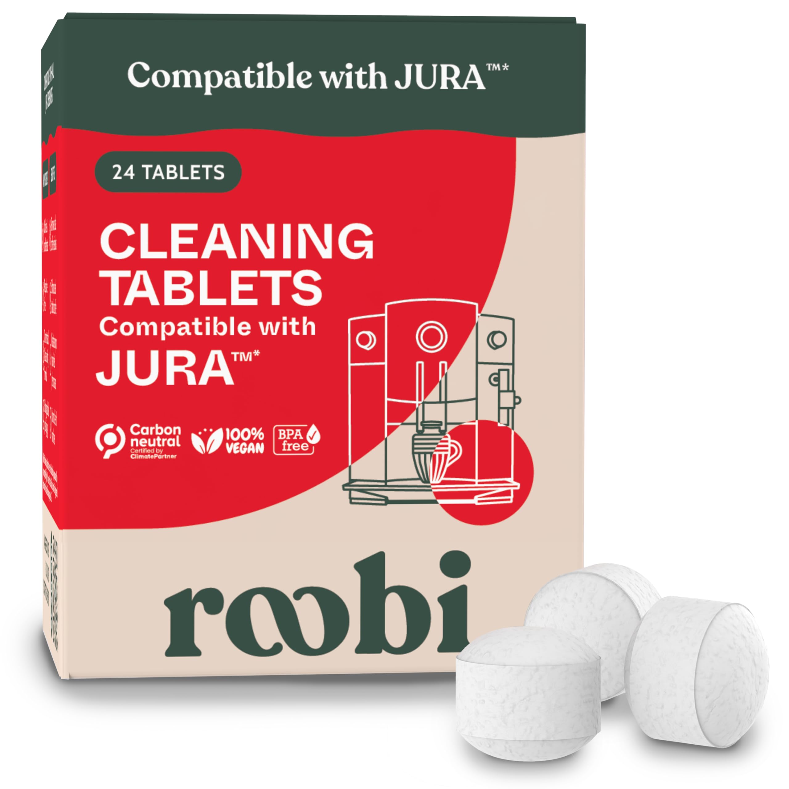 Roobi Jura cleaning tablets packaging shows vegan, carbon-neutral formula for eco-friendly cleaning