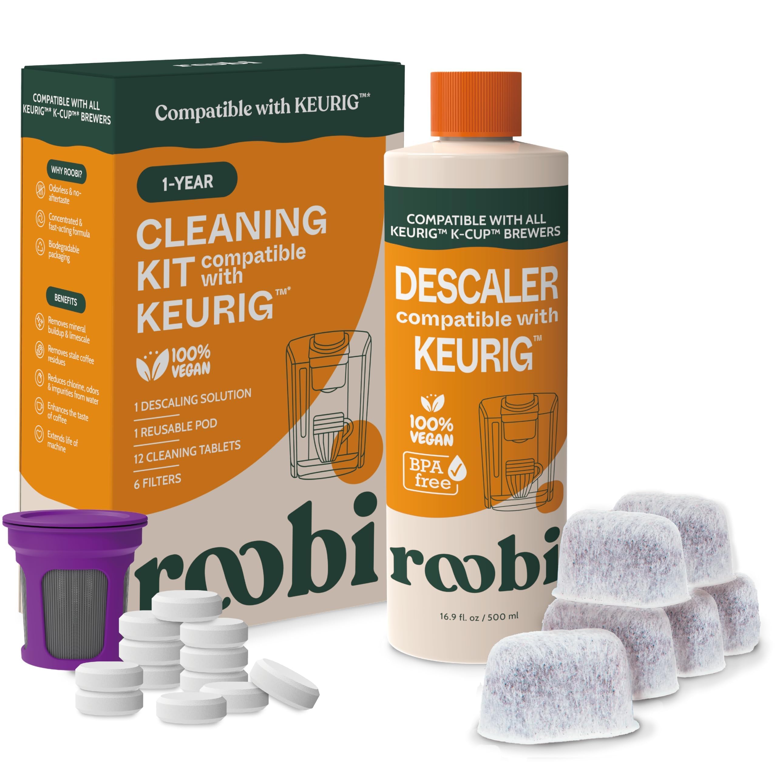 Roobi Keurig descaler bottle shown for mineral buildup removal and cleaner brewing